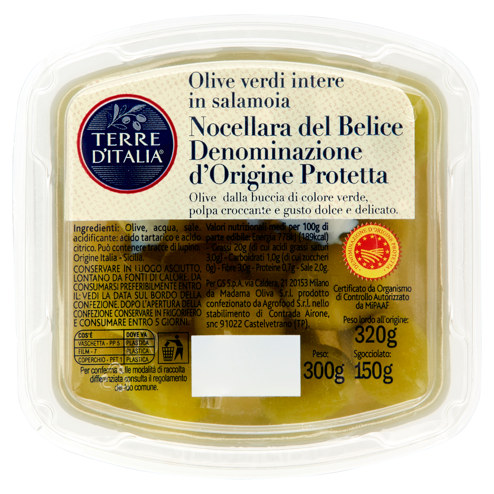 Terre d'Italia Olive verdi intere in salamoia Nocellara del Belice DOP 300 g