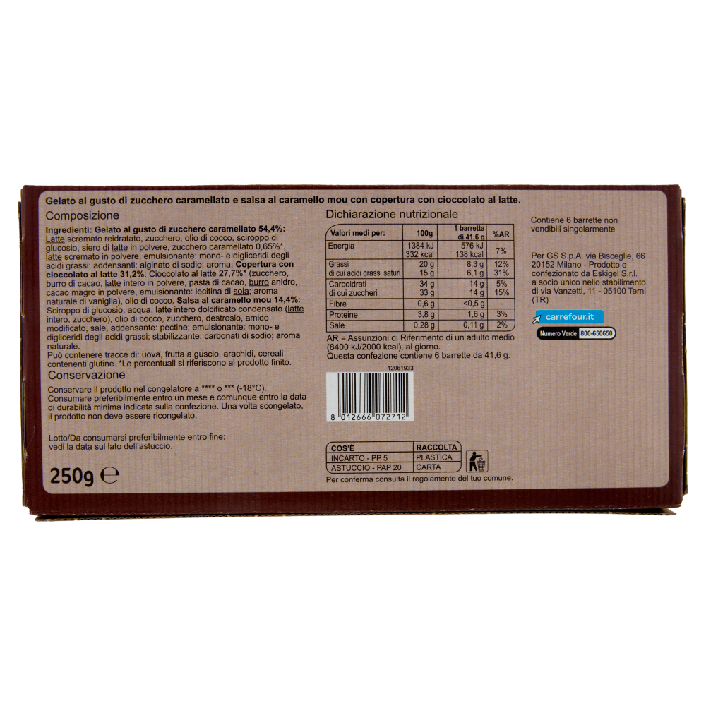 Carrefour Sensation barrette gelato al gusto Caramello con copertura con cioccolato al latte 6x41,6g