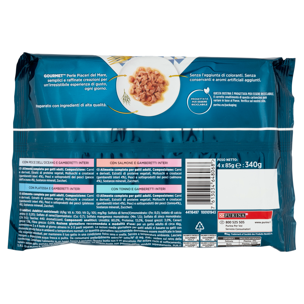 PURINA GOURMET Perle Piaceri del Mare Pesce dell'Oceano / Platessa / Salmone / Tonno 4 x 85 g