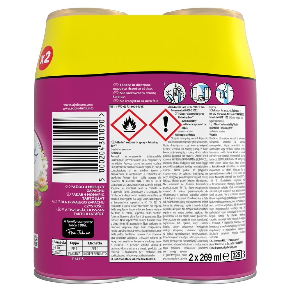 Glade Automatic Spray Doppia Ricarica, Profumatore per Ambienti, Fragranza Relaxing Zen, 2x269 ml