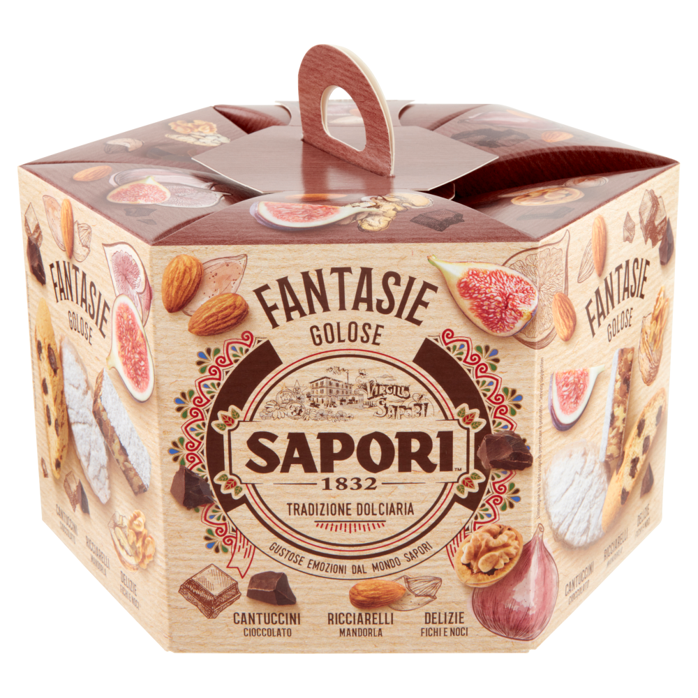 Sapori Fantasie Golose Cantuccini Cioccolato, Ricciarelli Mandorla, Delizie Fichi e Noci 381 g