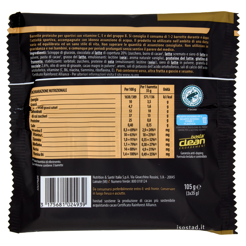 Isostad, High Protein 25 Sport Bar, Gusto Nocciola, 25% di proteine - 3 x 35 g