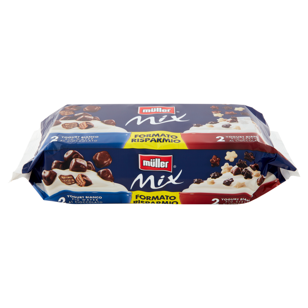 müller Mix 2 Yogurt Bianco Più Wafer al Cioccolato+2 Yogurt Bianco Più Stelle al Cioccolato 4x150g