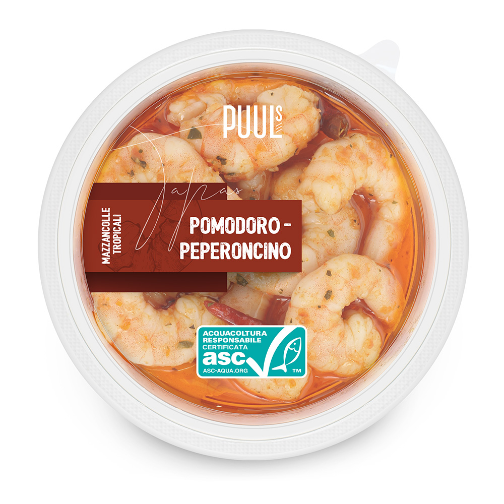 Gamberi Tropicali Cotti, Sgusciati, Marinati al Pomodoro e Peperoncino