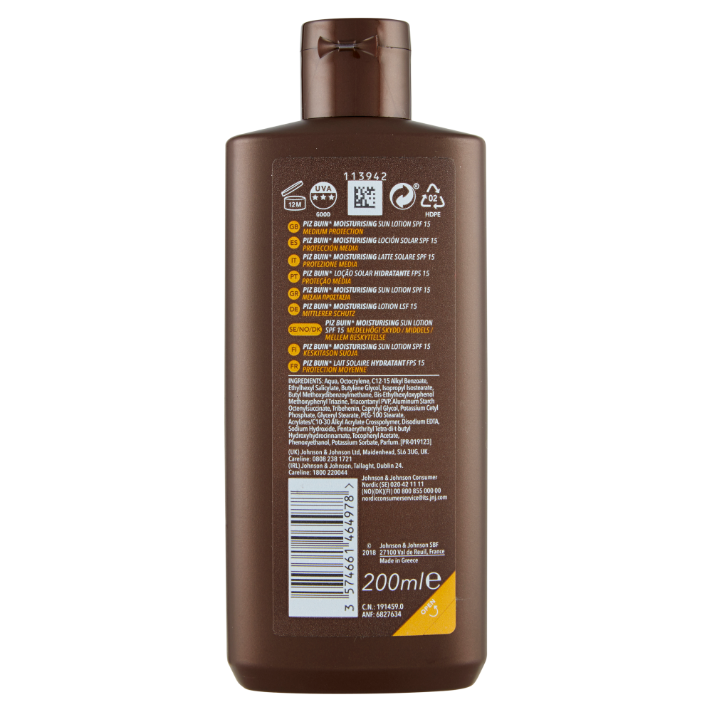 Piz Buin Lozione Solare Idratante, 15 SPF, Protezione Media, 200ml