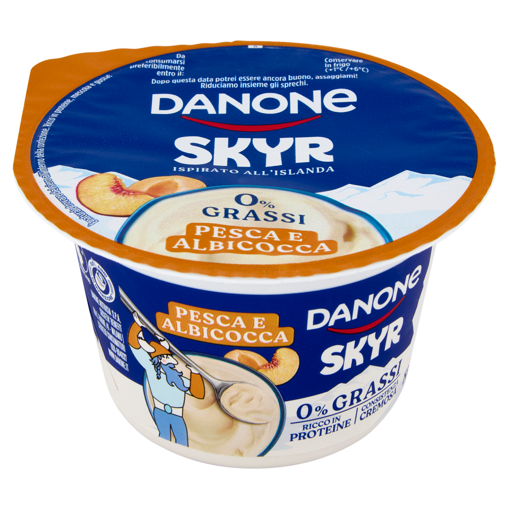 DANONE Skyr, Yogurt ispirato all'Islanda, 0% grassi,Cremoso,Ricco in Proteine, Pesca&Albicocca, 150g