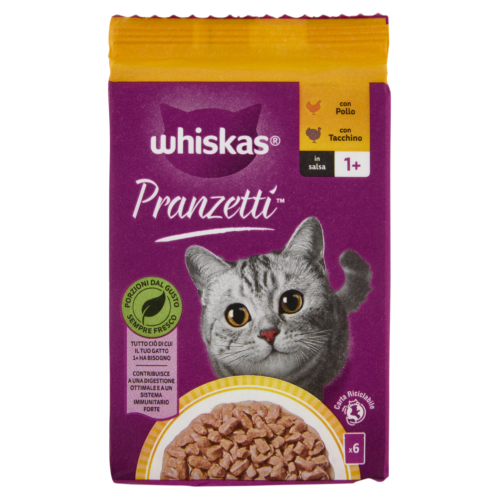 Whiskas Pranzetti Cibo Umido Gatto con Pollo e Tacchino in Salsa 6x50g