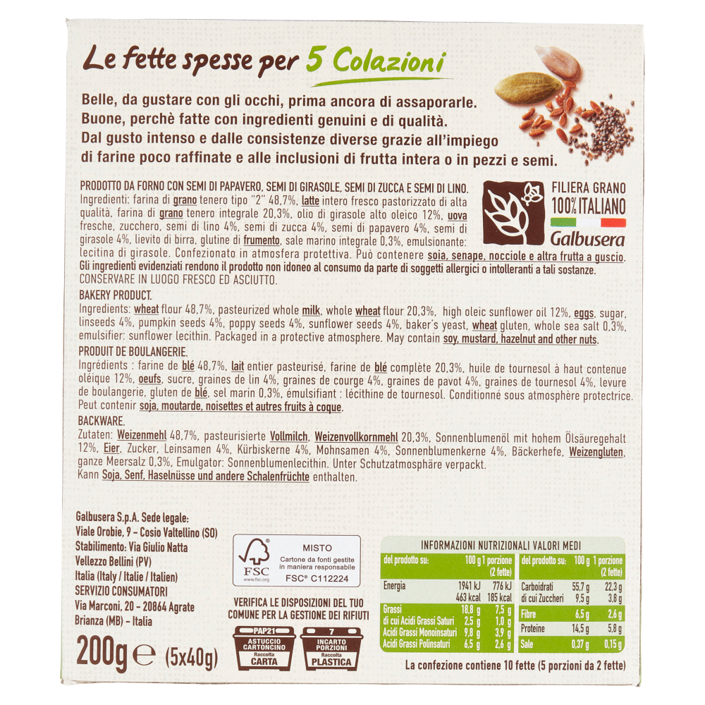 Galbusera BelleBuone 5 Colazioni Semi di papavero semi di girasole, zucca e lino 5 x 40 g