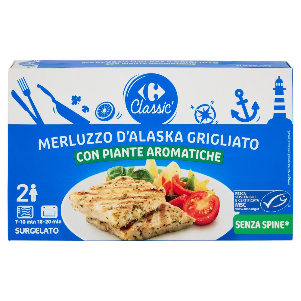 Carrefour Classic Merluzzo d'Alaska Grigliato con Piante Aromatiche Surgelato 2 x 125 g