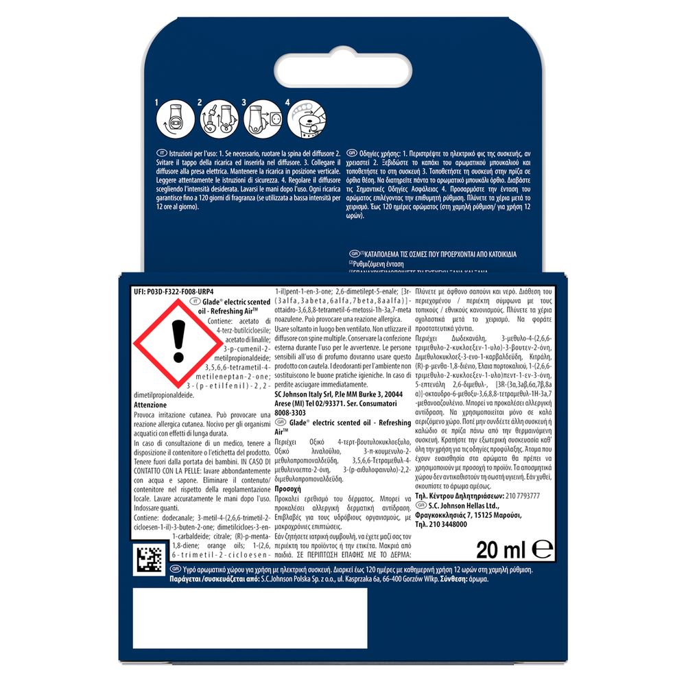 Glade Liquido elettrico Profumatore per Ambienti con Olii Essenziali, Fragranza Refreshing Air™, Elimina gli odori degli animali domestici, 20 ml