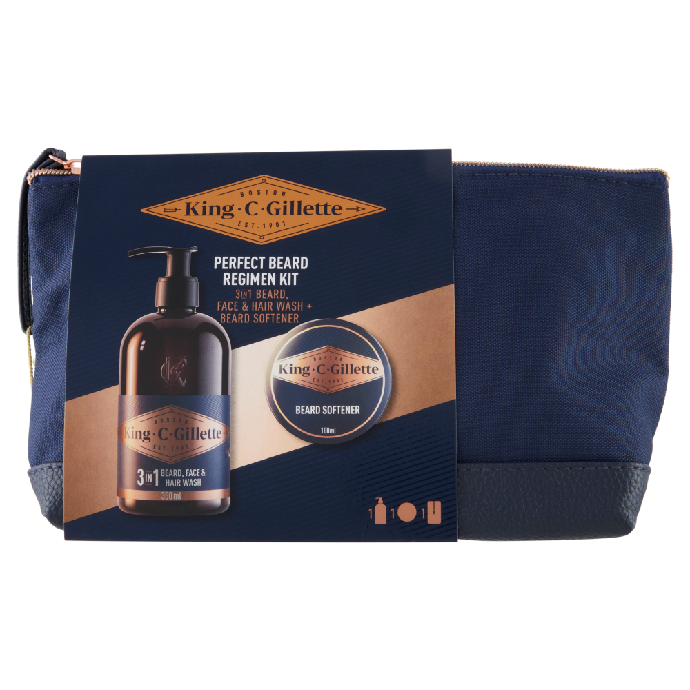 King C Gillette Perfect Beard Regimen Kit 3in1 Detergente 350ml + Balsamo 100ml + Pochette
