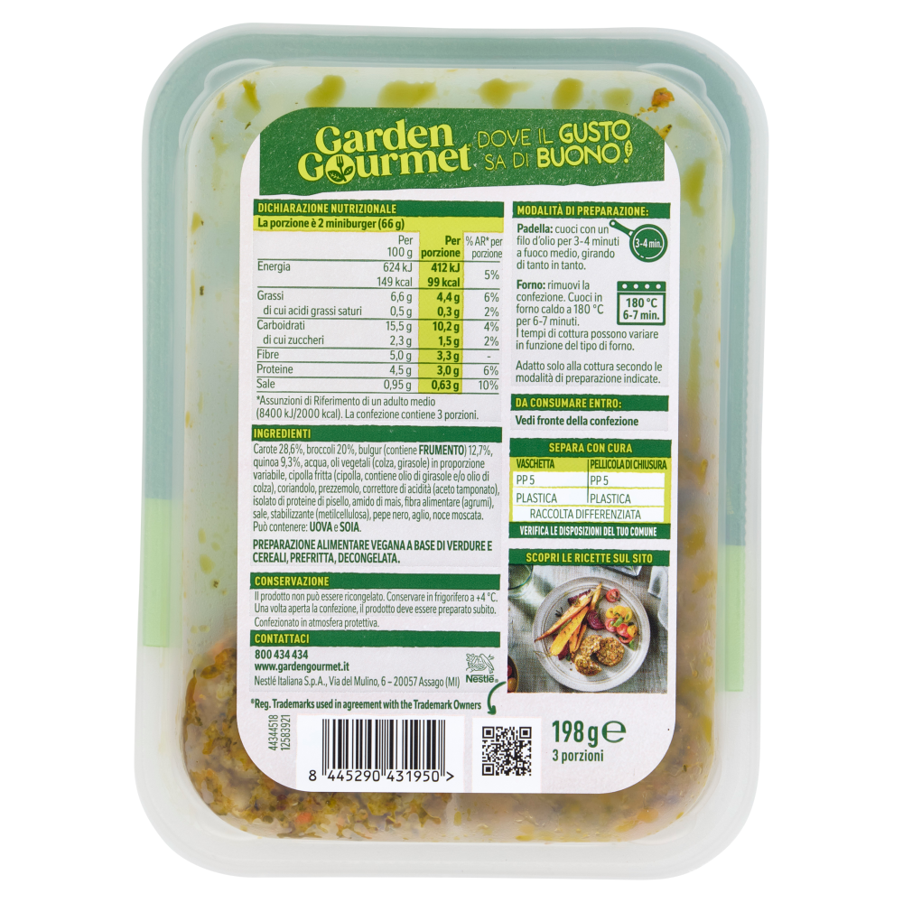 GARDEN GOURMET Mini Burger Vegano 99kcal con Carote, Broccoli, Bulgur e Quinoa 3 porzioni 198g