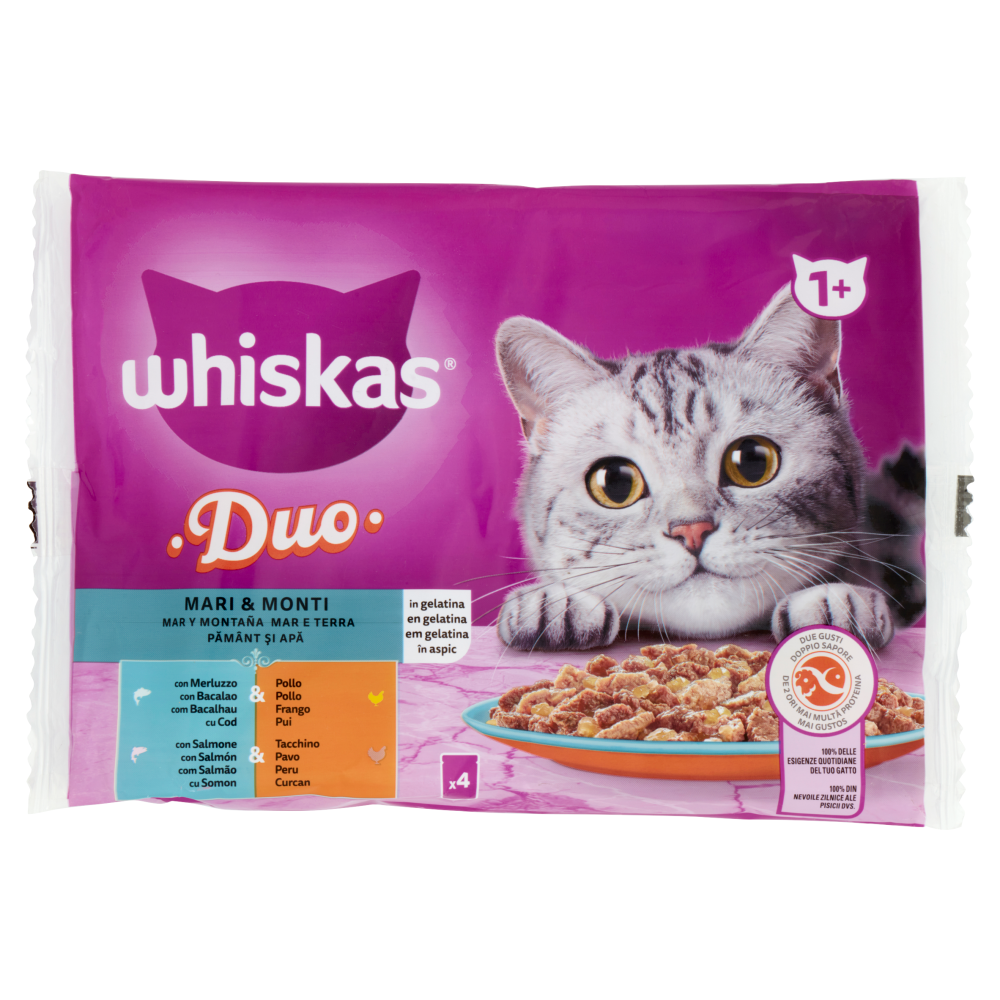 Whiskas Duo Mari & Monti in gelatina, con Merluzzo & Pollo, con Salmone & Tacchino 4 x 85 g