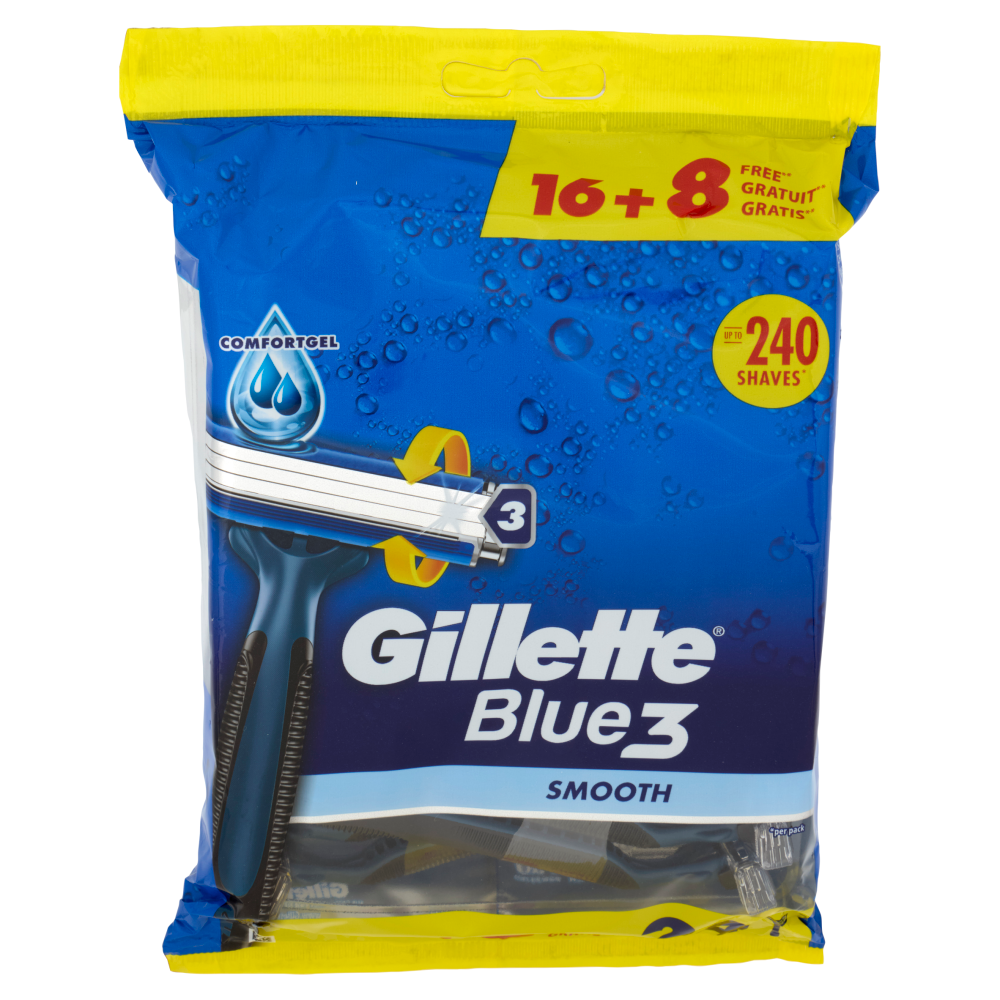 Gillette Blue3 Smooth Rasoio Uomo Usa e Getta a 3 Lame, Confezione da 16 rasoi+8 Gratis = 24 Rasoi
