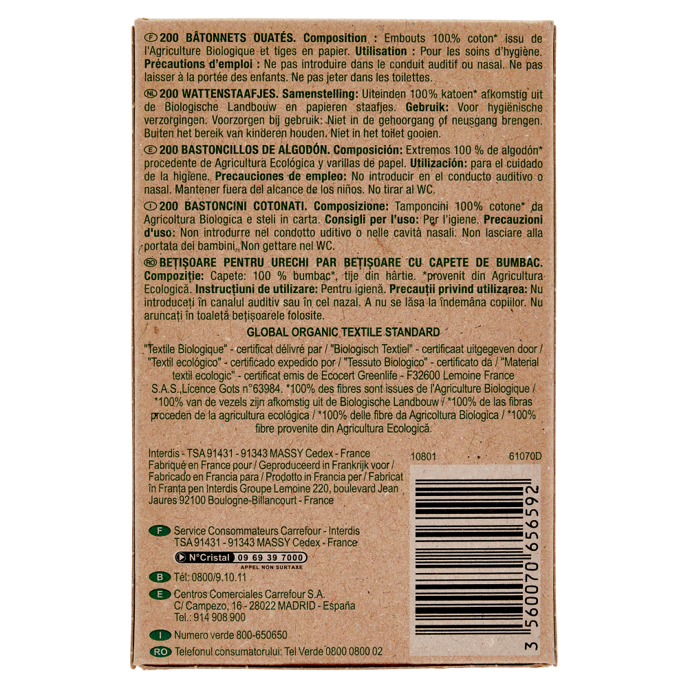 Carrefour Bio Soft Bastoncini Cotonati Bio* 200 pz