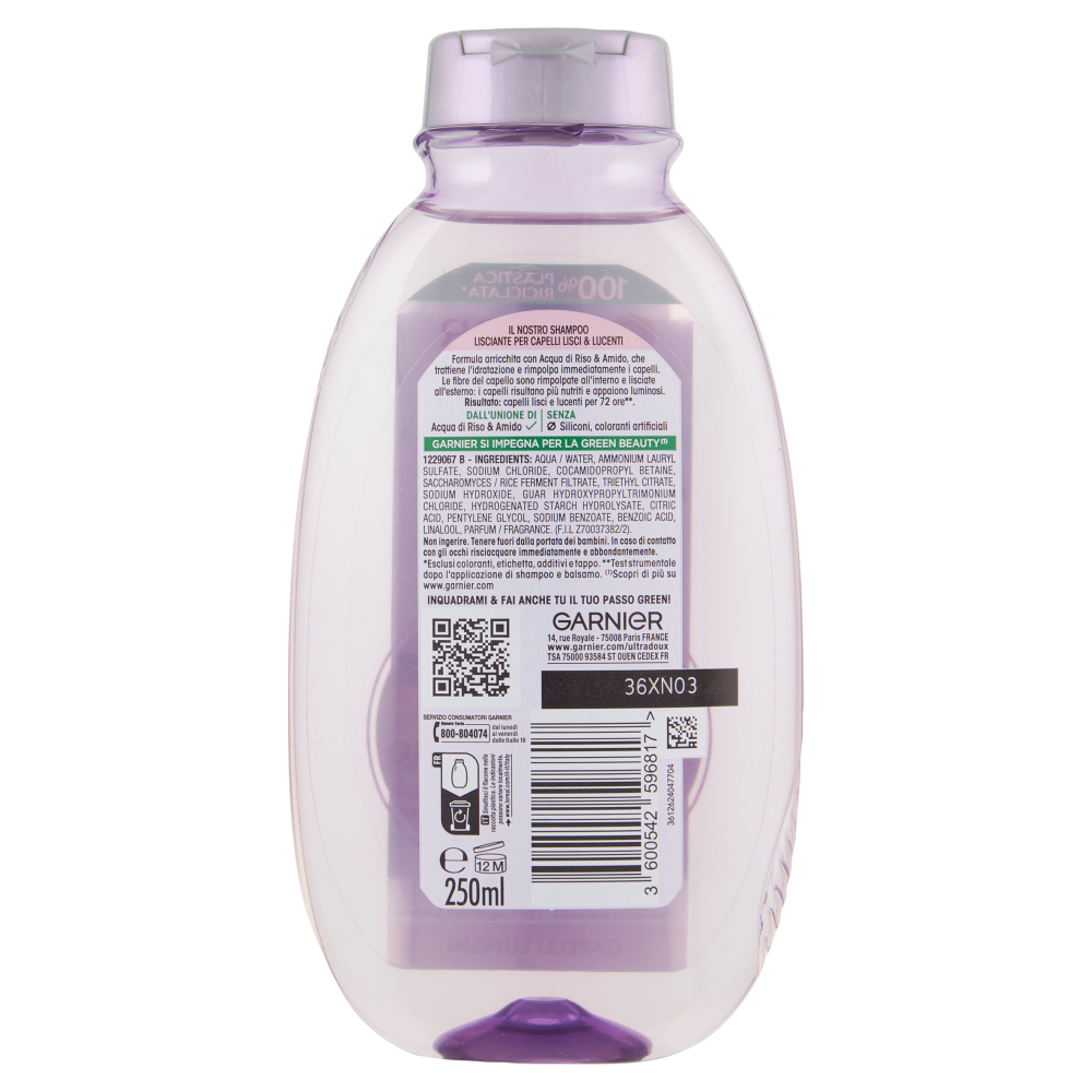 Garnier Ultra Dolce Infuso di Acqua di Riso & Amido, Shampoo Lisciante 250 ml