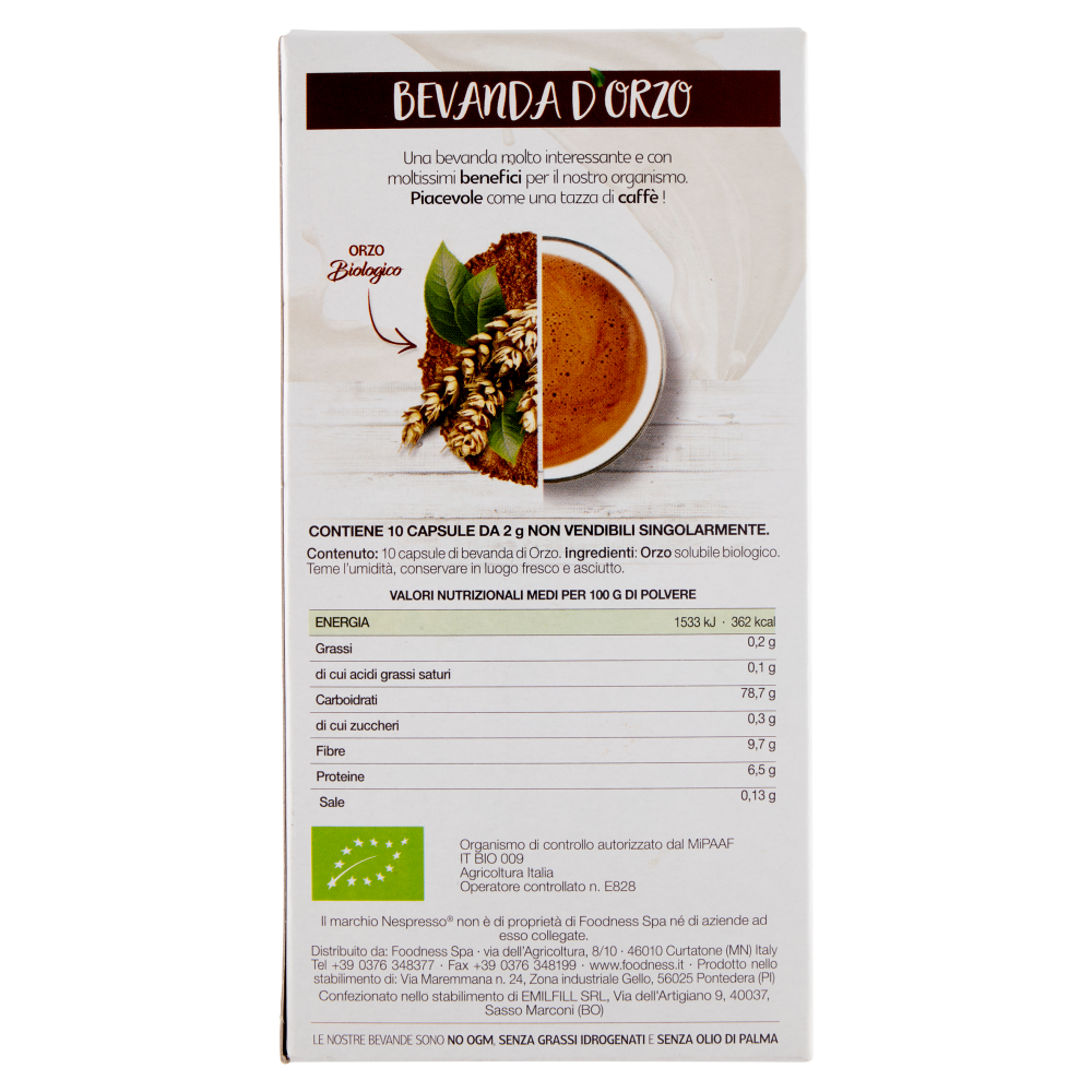 foodNess Bevanda d'Orzo Bio Compostabile Nespresso Compatibile 10 x 2 g