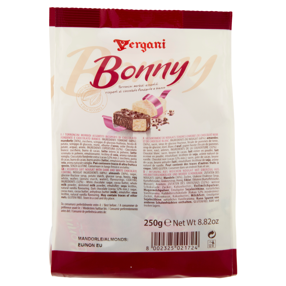 Vergani Bonny Torroncini morbidi assortiti ricoperti di cioccolato fondente e bianco 250 g