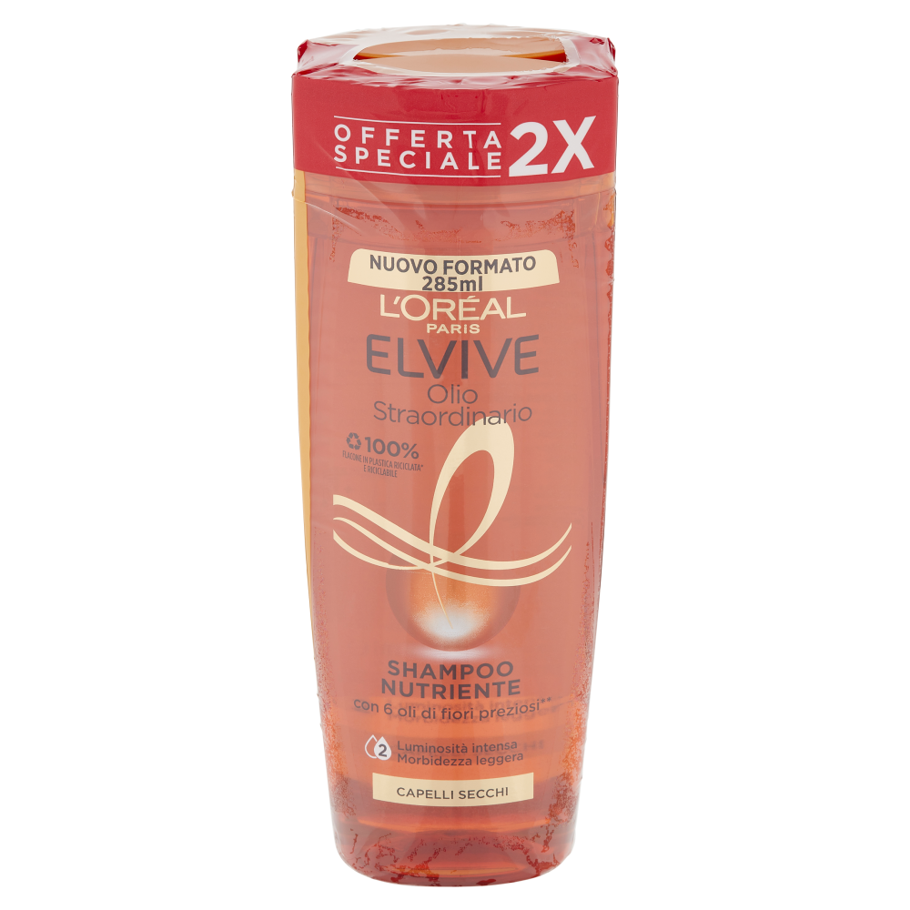 L'Or&eacute;al Paris Shampoo Elvive Olio Straordinario, Azione Nutriente Capelli Secchi, Confezione da 2