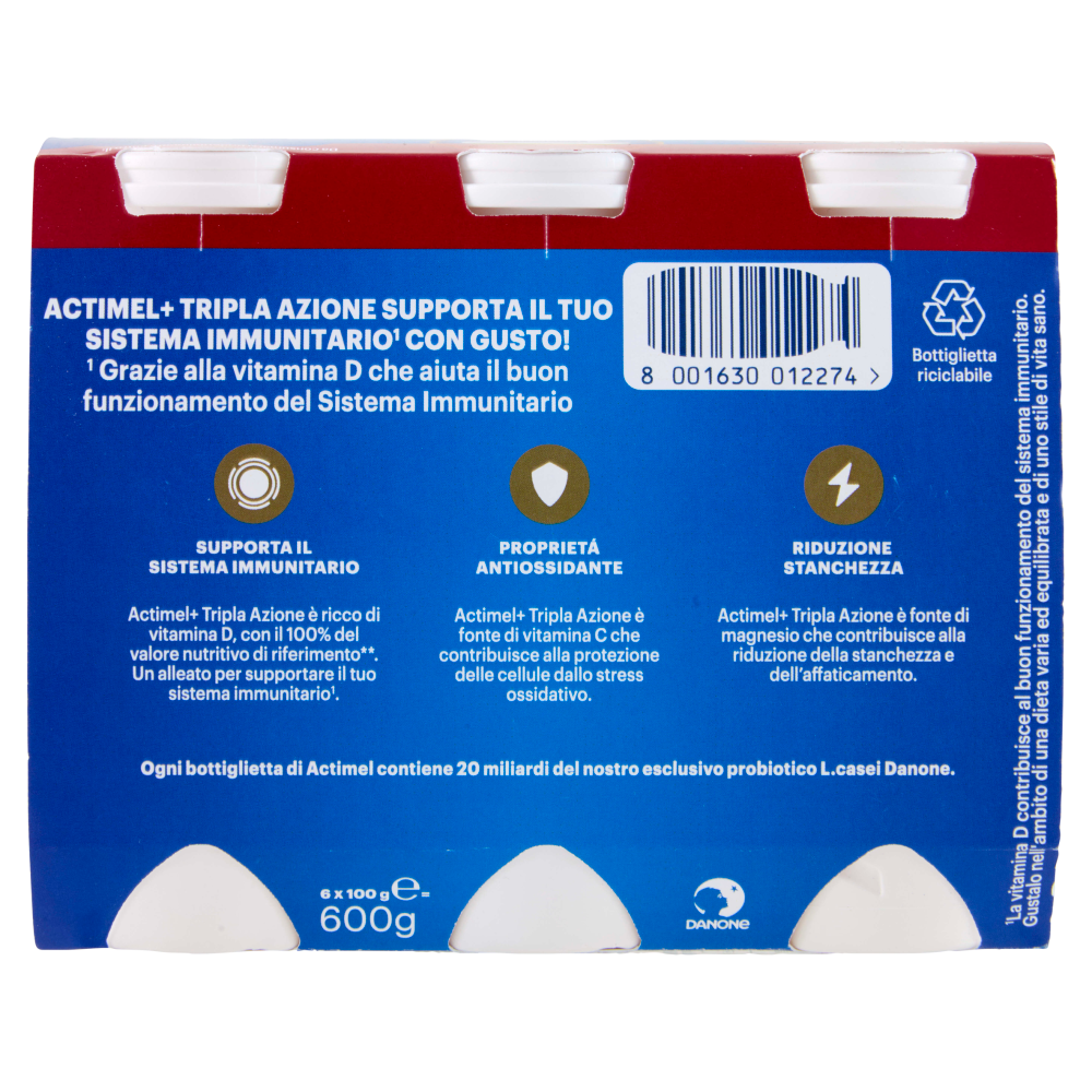 ACTIMEL Tripla Azione, Yogurt da Bere con Vit D e C e Magnesio, gusto Fragola&Melograno,6x100g
