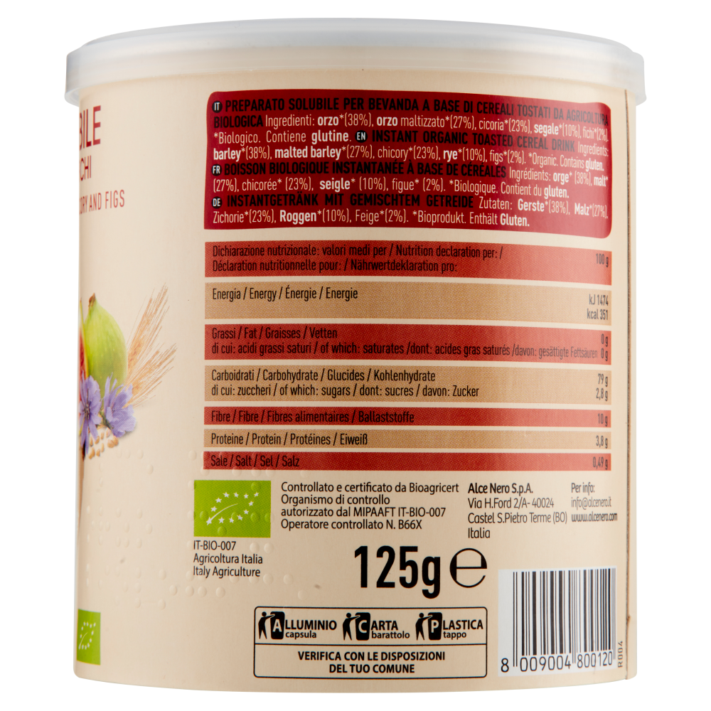 alce nero Orzo Mix Solubile con Cereali, Cicoria e Fichi 125 g
