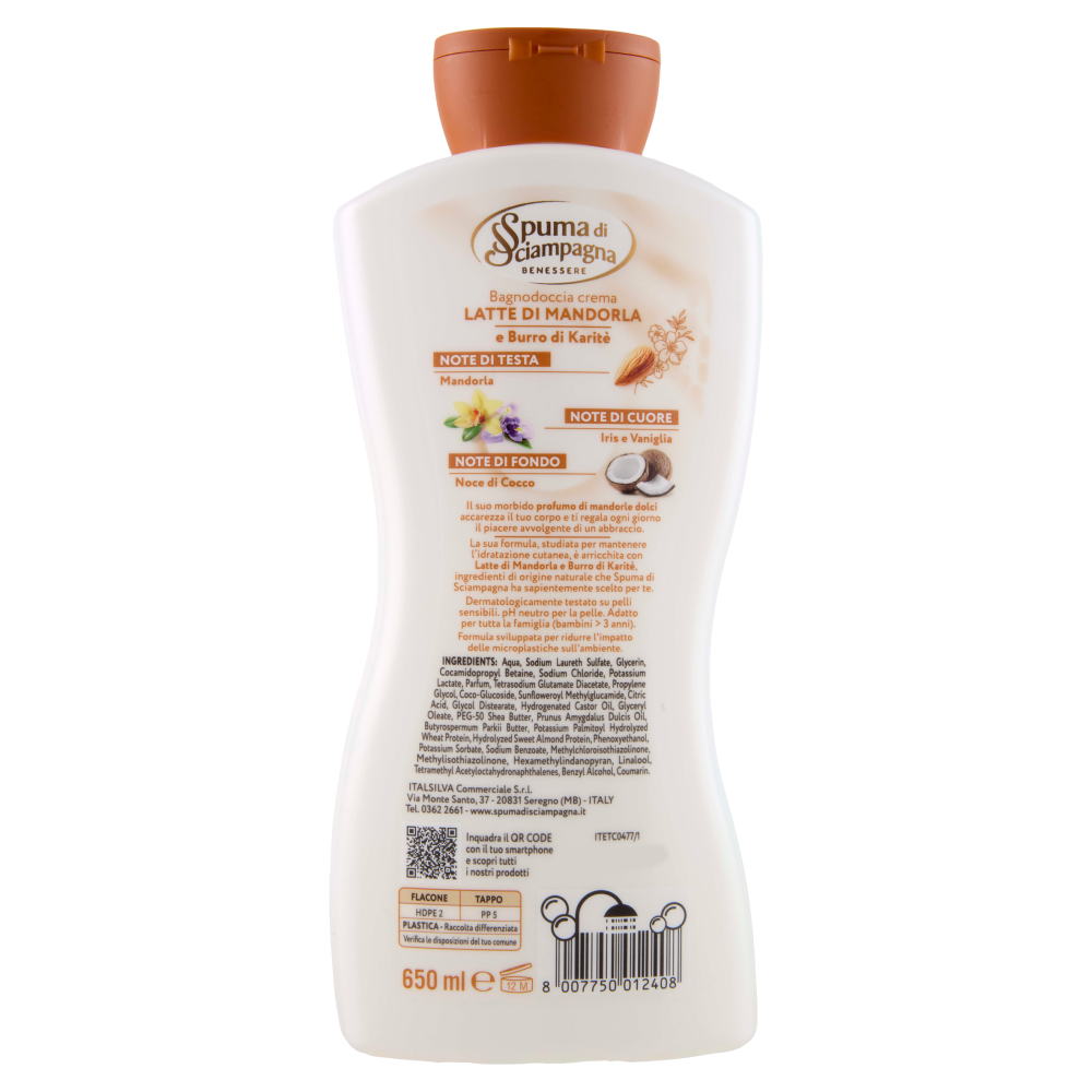 Spuma di Sciampagna Benessere Latte di Mandorla e Burro di Karitè Bagnodoccia crema Idratante 650 ml