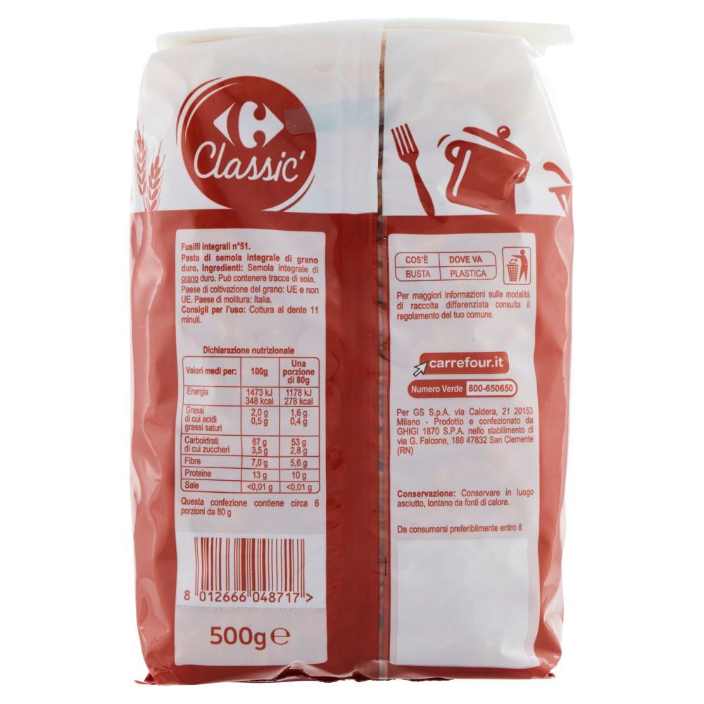 Carrefour Classic Fusilli Integrali N.51 500 g