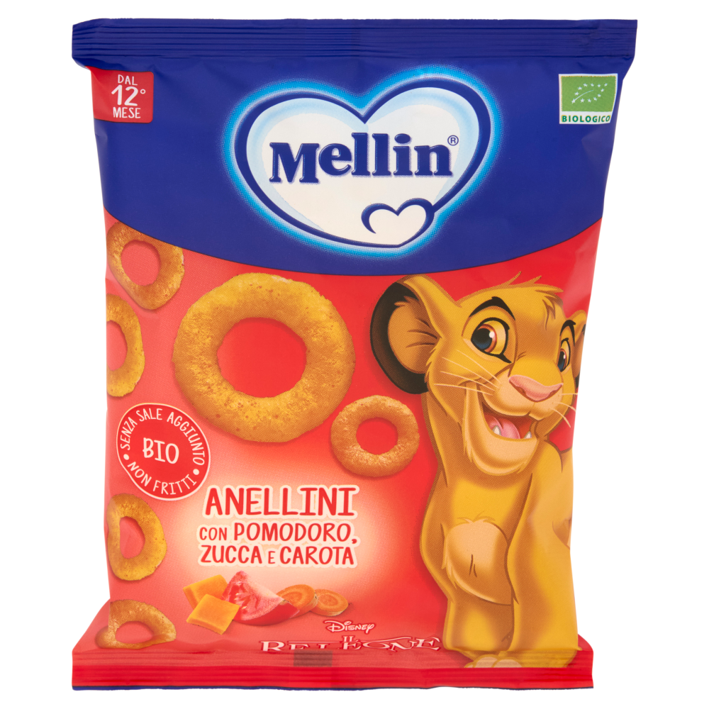 MELLIN Merenda Biologica Re Leone Simba, Anellini con Pomod, Zucca e Carota, adatto dai 12 mesi,15g