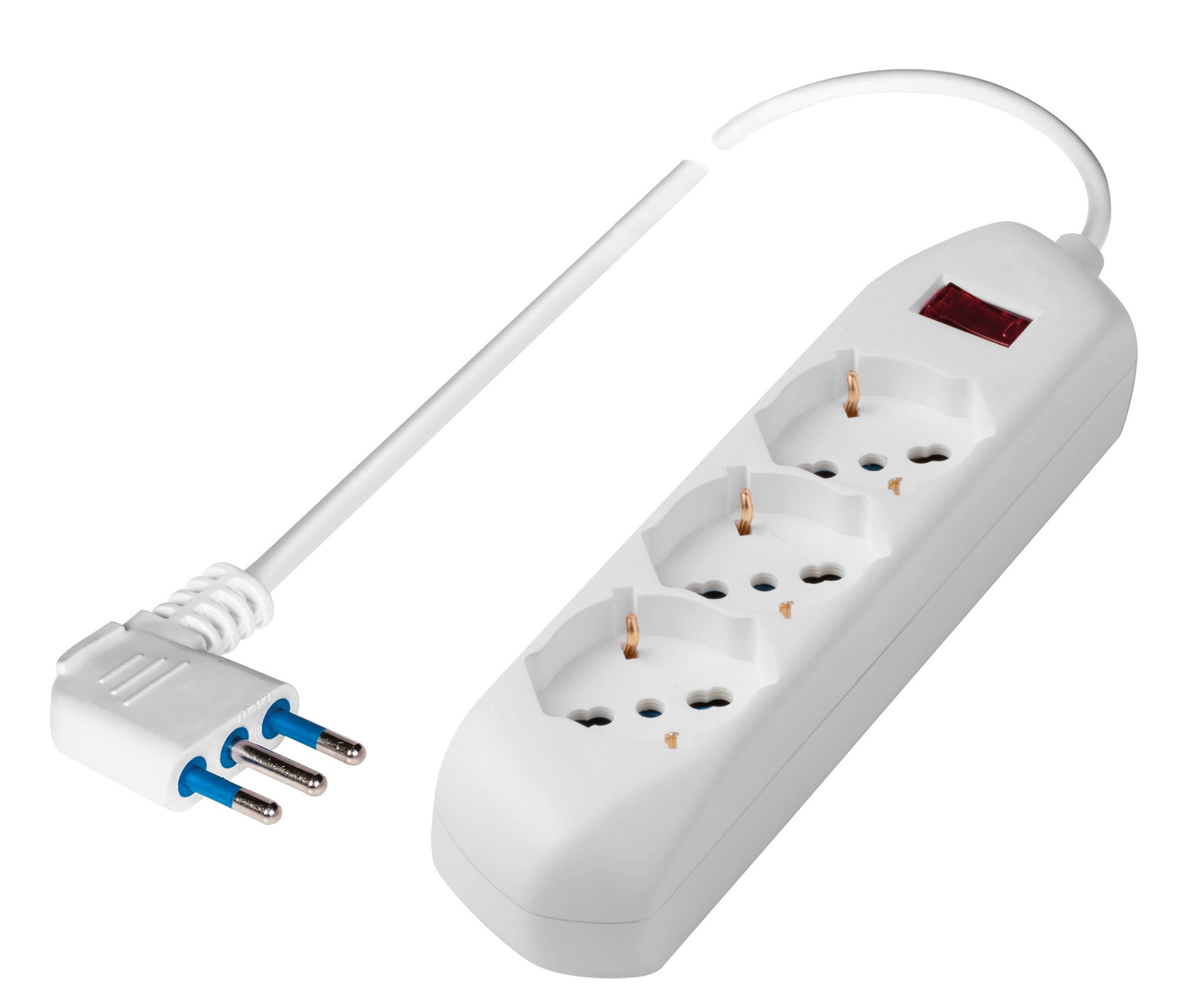 Poly Pool Presa tripla pluristandard: italiano bivalente 10/16A 2P+T, tedesco 16A 2P+T(terra laterale), con interruttore di sicurezza, 1,5m cavo H05VV-F 3X0,75mmq con spina Salvaspazio10A 2P+T, uscita cavo 90°, CE