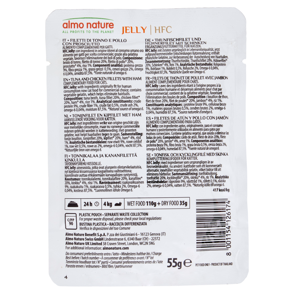 almo nature HFC Adult Cat Jelly Filetti di Tonno e Pollo con Prosciutto 55 g