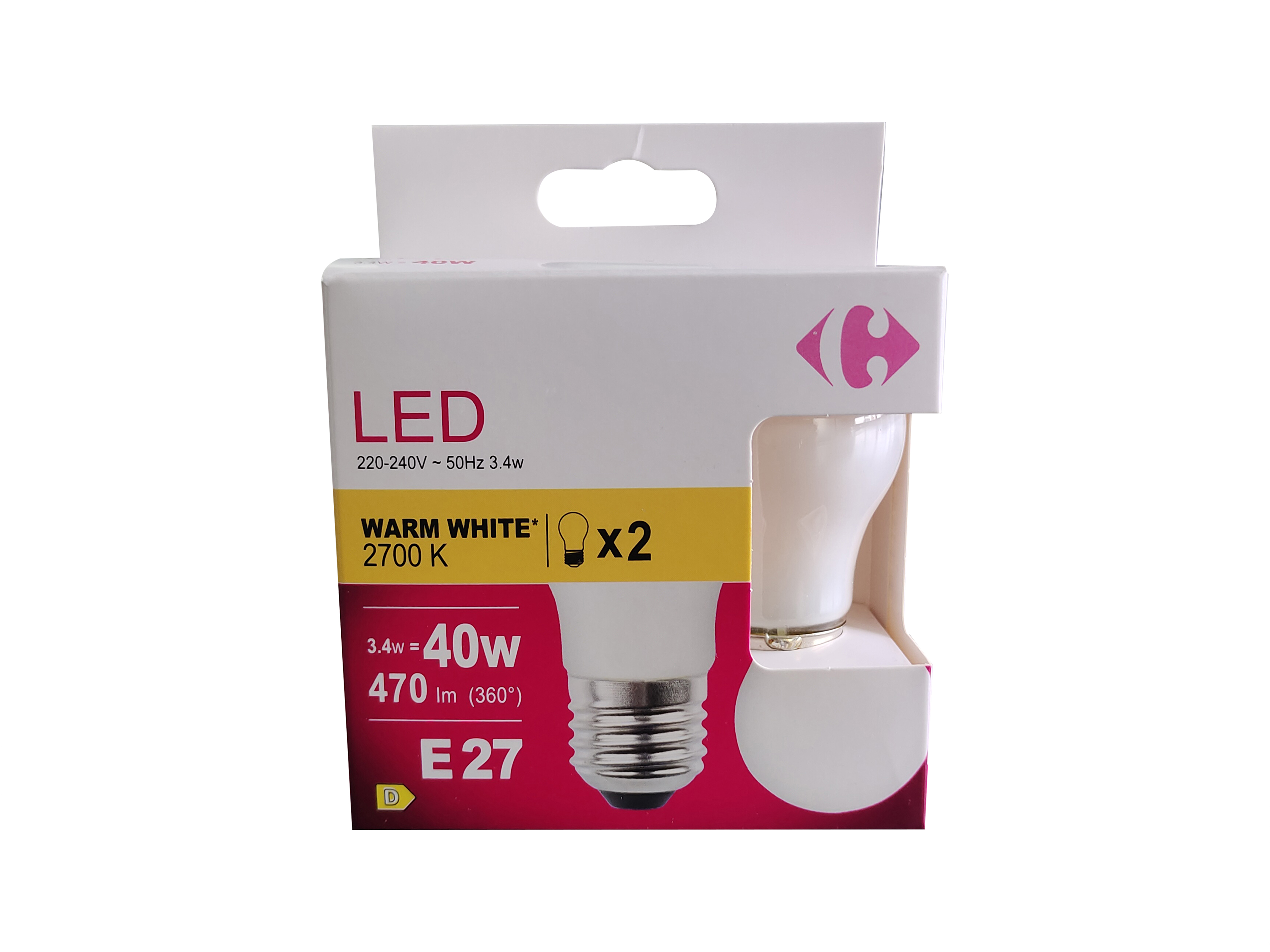 Carrefour 2 led sfer smerigliata 40W, attacco E27, luce calda