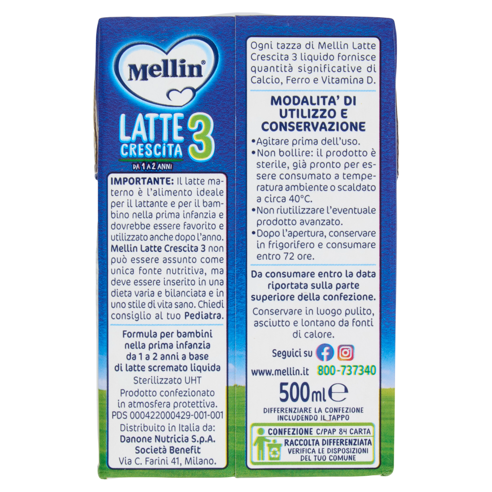 MELLIN 3 - Latte di Crescita Liquido, dal 12° mese compiuto al 24°, Fonte di Ferro, 500ml