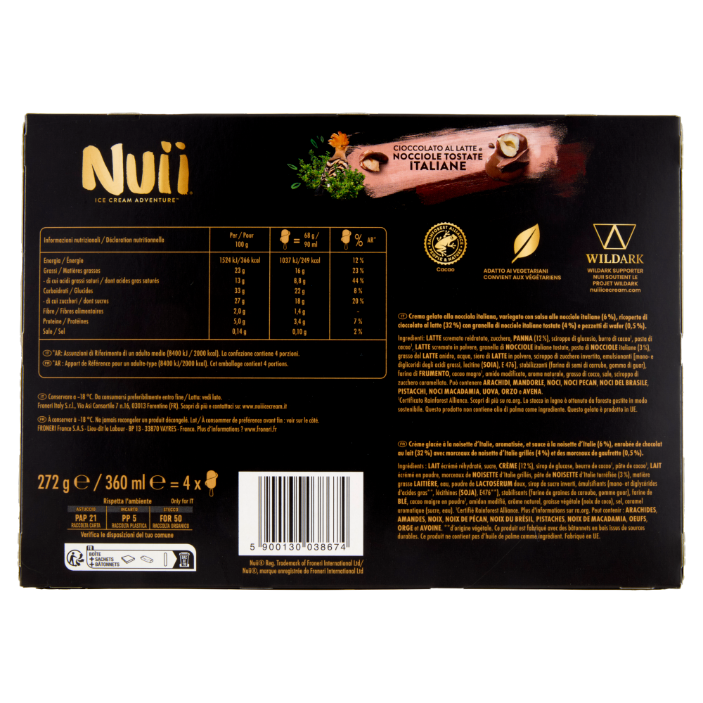 NUII Cioccolato al Latte e Nocciole Tostate Italiane 4x68g