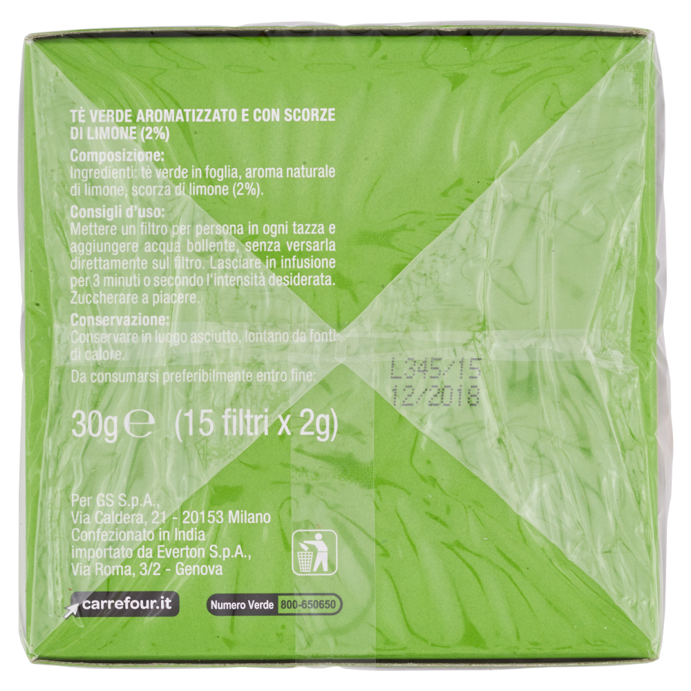 Carrefour Selection Tè verde Nilgiri aromatizzato e con scorze di limone 15 x 2 g
