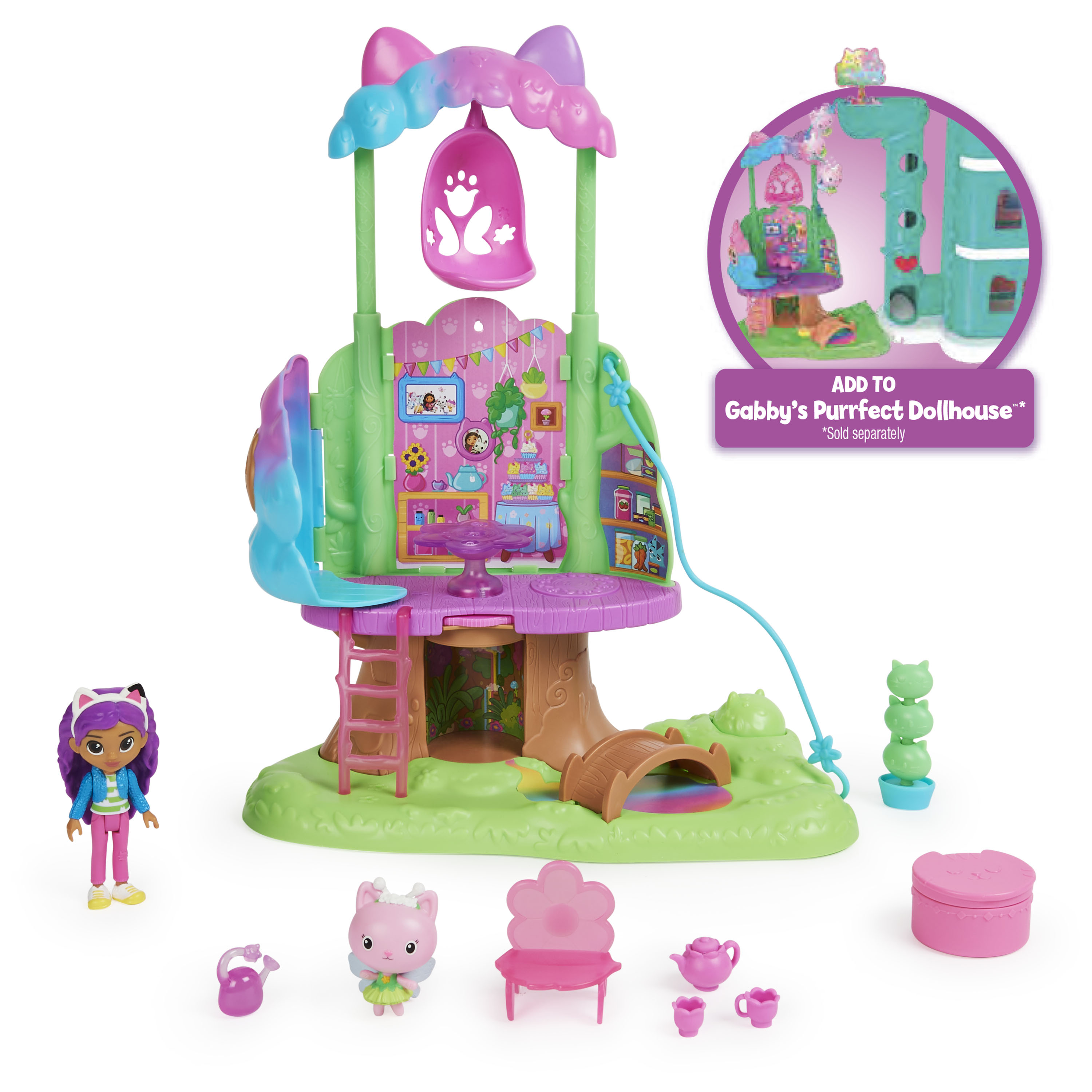 Gabby's Dollhouse , set di gioco trasformabile Garden Treehouse con luci, 2 personaggi, 5 accessori, 1 scatola con sorpresa, 3 mobili, giocattoli per bambini dai 3 anni in su