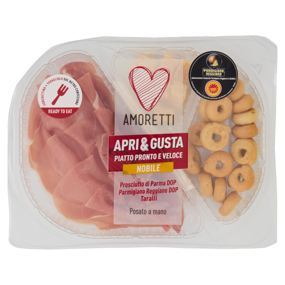 Amoretti Apri & Gusta Nobile Prosciutto di Parma DOP, Parmigiano Reggiano DOP, Taralli 150 g