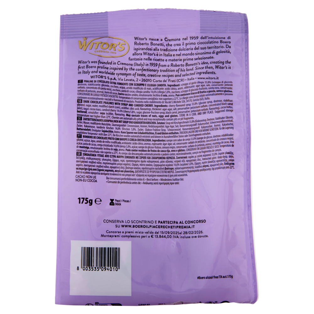 Witor's il Boero Zero Analcolico Cioccolato Extra Fondente con Ciliegia 175 g