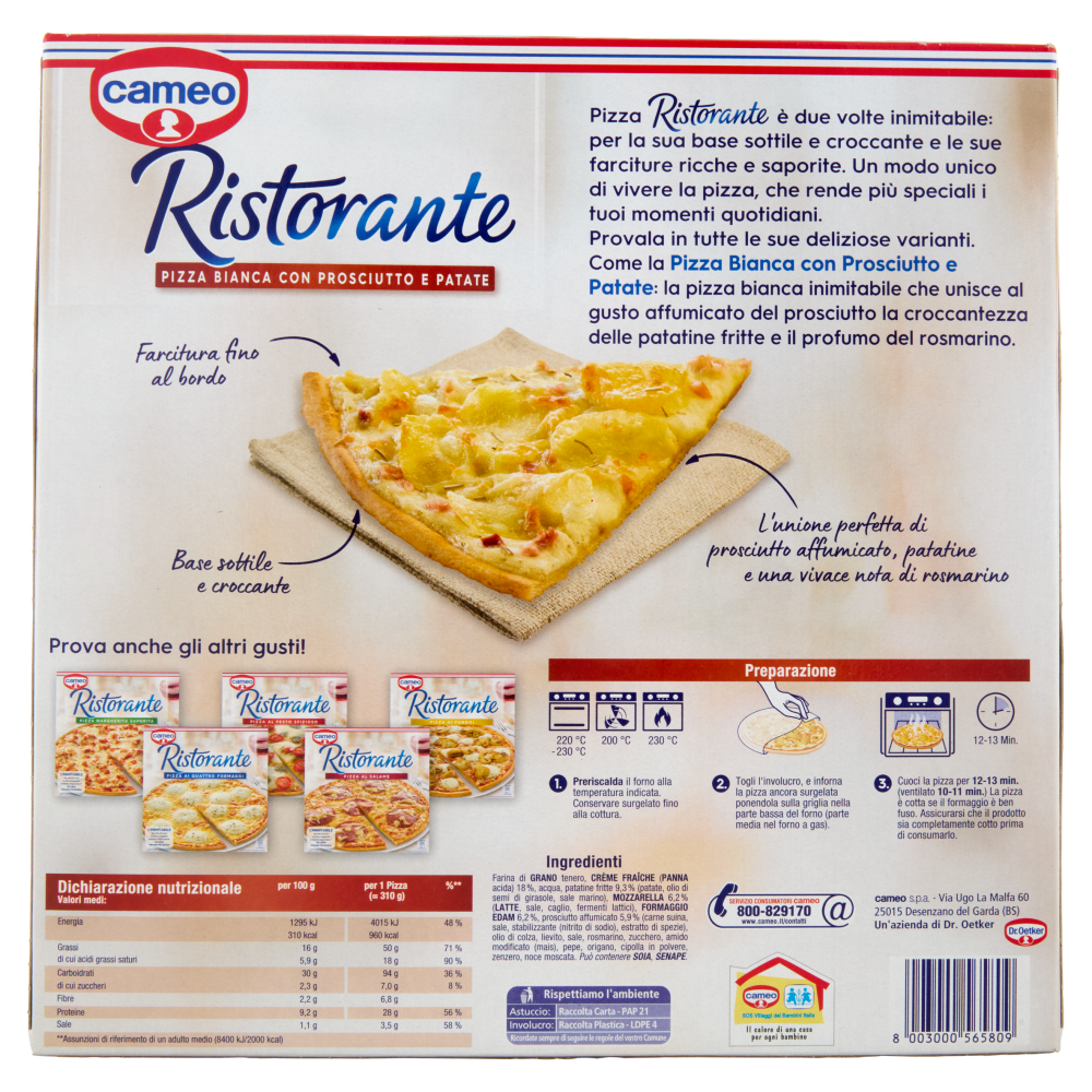 cameo Ristorante Pizza Bianca con Prosciutto e Patate 310 g