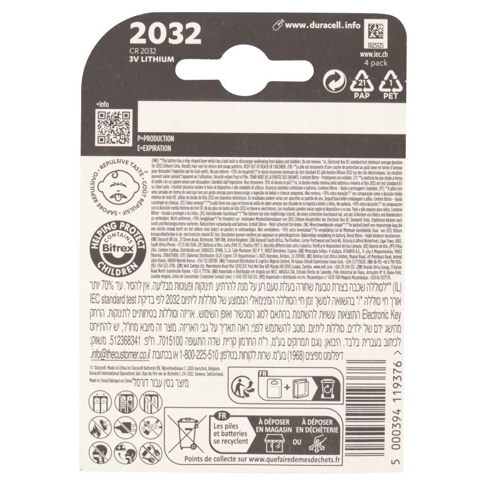 Duracell 2032 Batteria Bottone al Litio Specialistica 3V pacco da 4 pile con Tecnologia Baby Secure