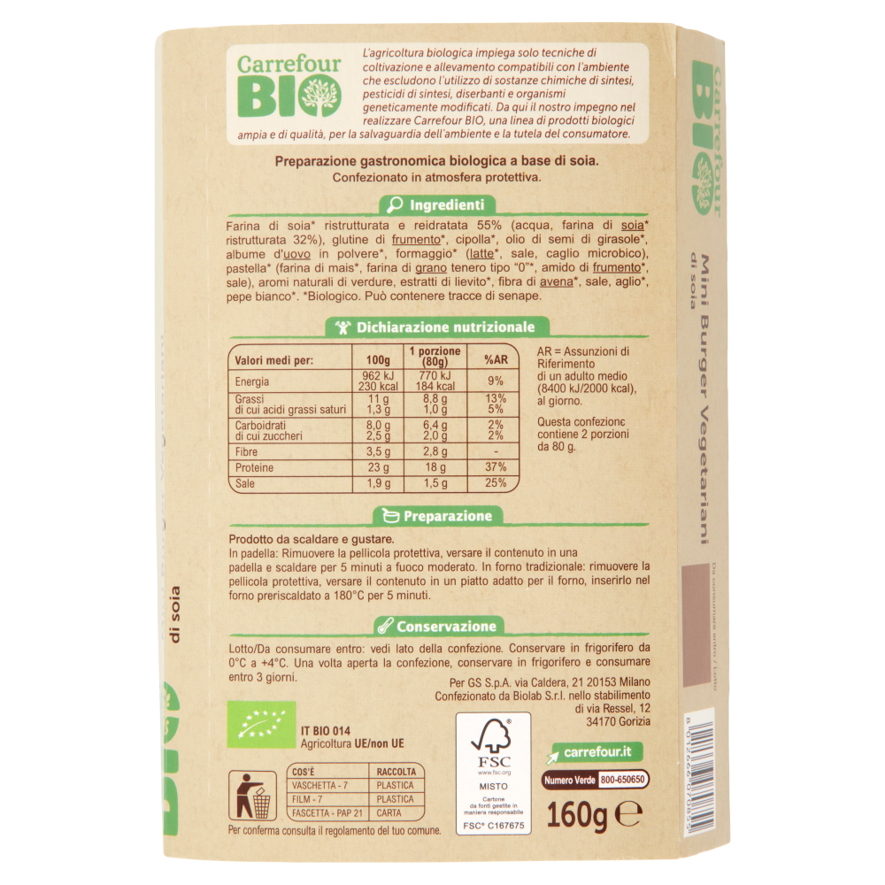 Carrefour Bio Mini Burger Vegetariani di soia 160 g