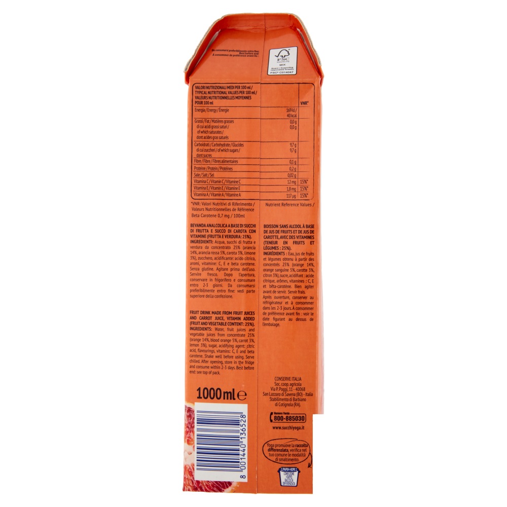 Yoga ACE Rosso Arancia Rossa Arancia Carota Limone 1000 ml