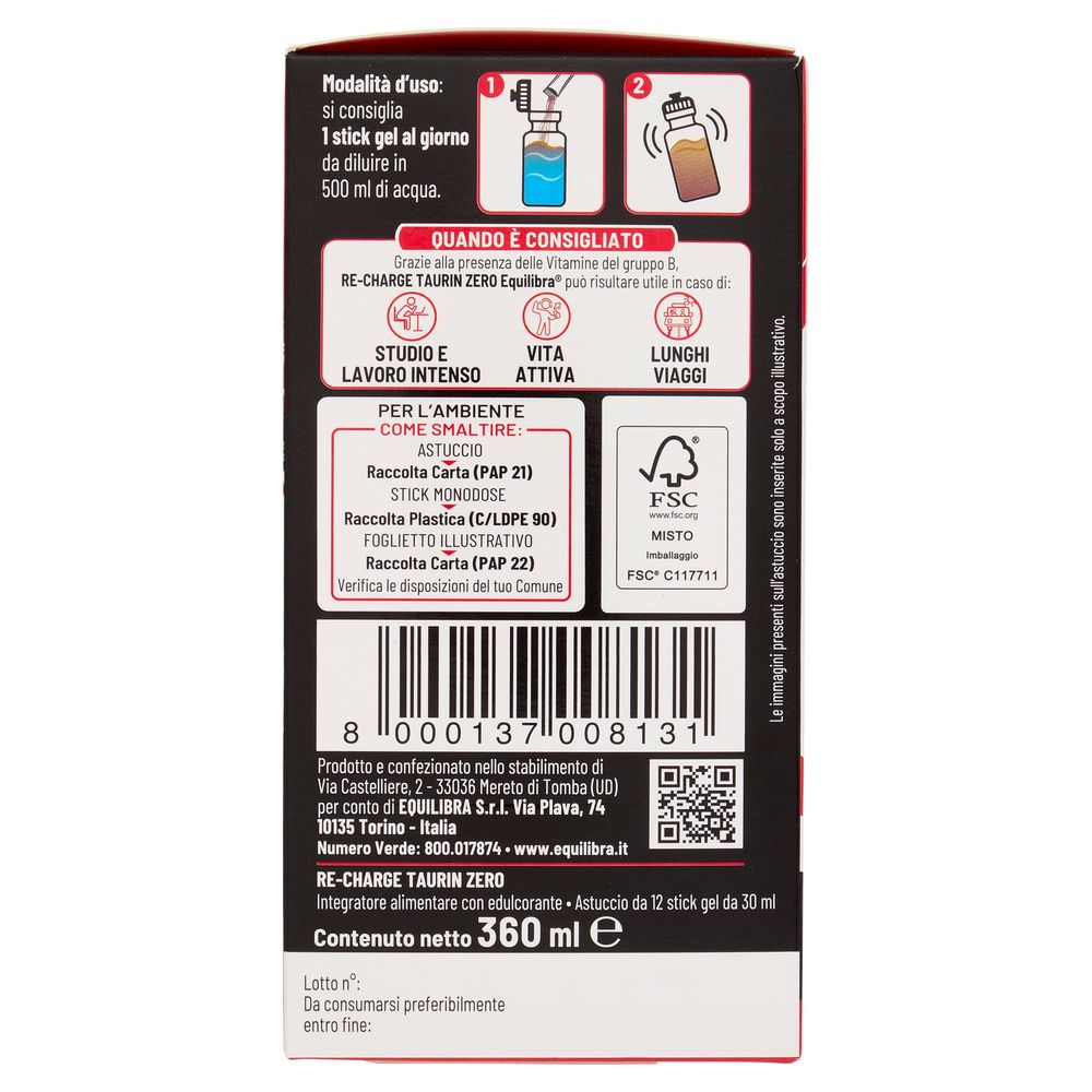 Equilibra Re-Charge Taurin Zero Ricarica e Sostegno Stick Gel 12 x 30 ml