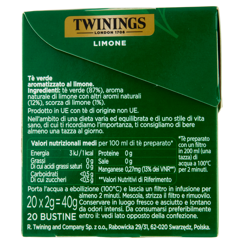 Twinings Limone T&egrave; Verde aromatizzato Antiossidante e Supporto Metabolismo 20 filtri The 40 g