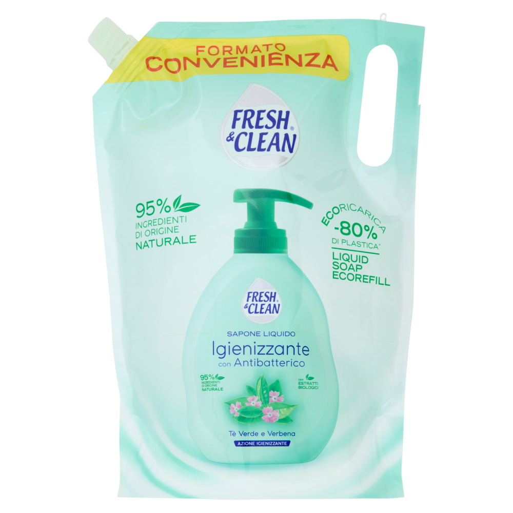Fresh & Clean Sapone Liquido Igienizzante con Antibatterico T&egrave; Verde e Verbena Ecoricarica 1000 ml