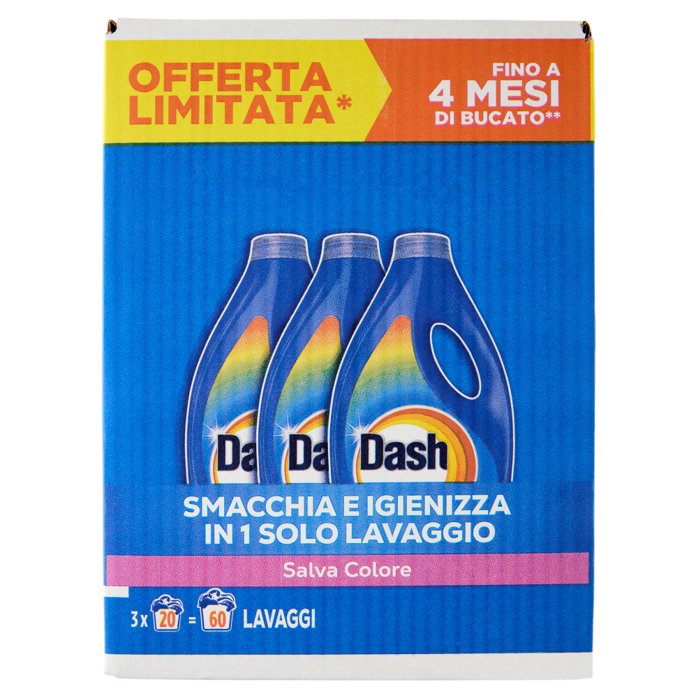Dash Power Detersivo Liquido Lavatrice, Salva Colore, 3x20 Lavaggi=60 Lavaggi 3x900 ml