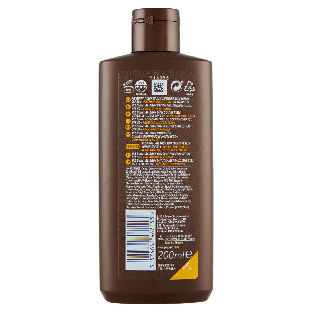 Piz Buin Lozione Solare, Pelle Sensibile, Allergy, 50+ SPF, Protezione Molto Alta, 200ml