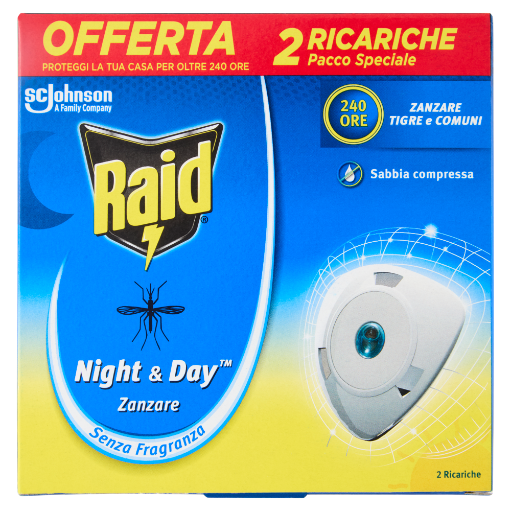 Raid Night & Day Zanzare Ricarica Doppia, 2 Ricariche, Senza Fragranza