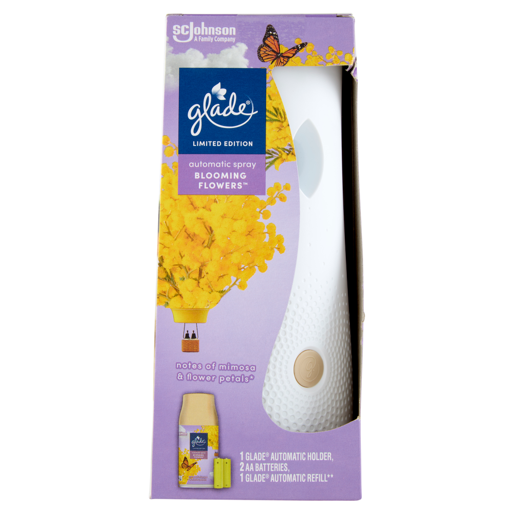 Glade® Automatic Spray Base, Profumatore per Ambienti, Fragranza Blooming Flowers Mimosa 269 ml