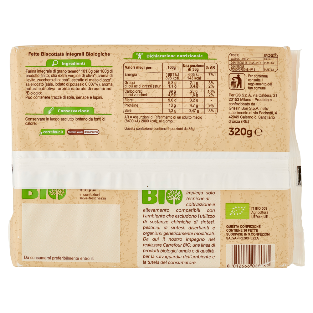 Carrefour Bio Fette Biscottate Integrali 9 Monoporzioni 320 g