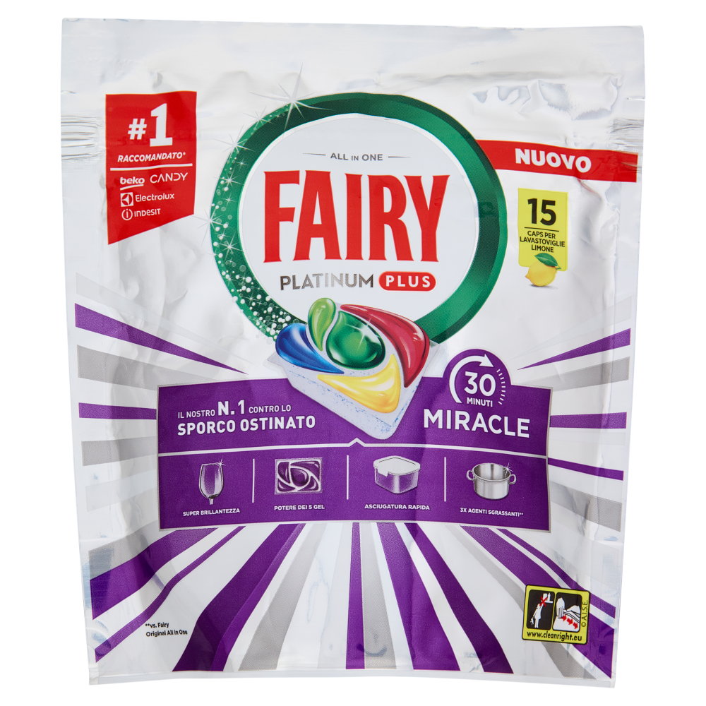 Fairy Pastiglie Lavastoviglie Platinum Plus All in One Miracle, Detersivo Piatti Limone 15 Caps 247g